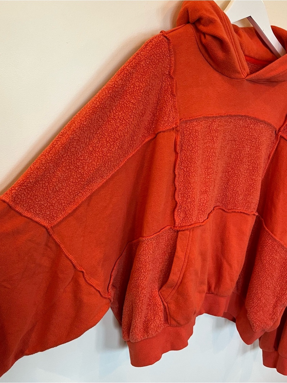 Aerie Womens XL Orange Patchwork Sherpa Hoodie Sweatshirt Pullover Relaxed - Picture 2 of 6